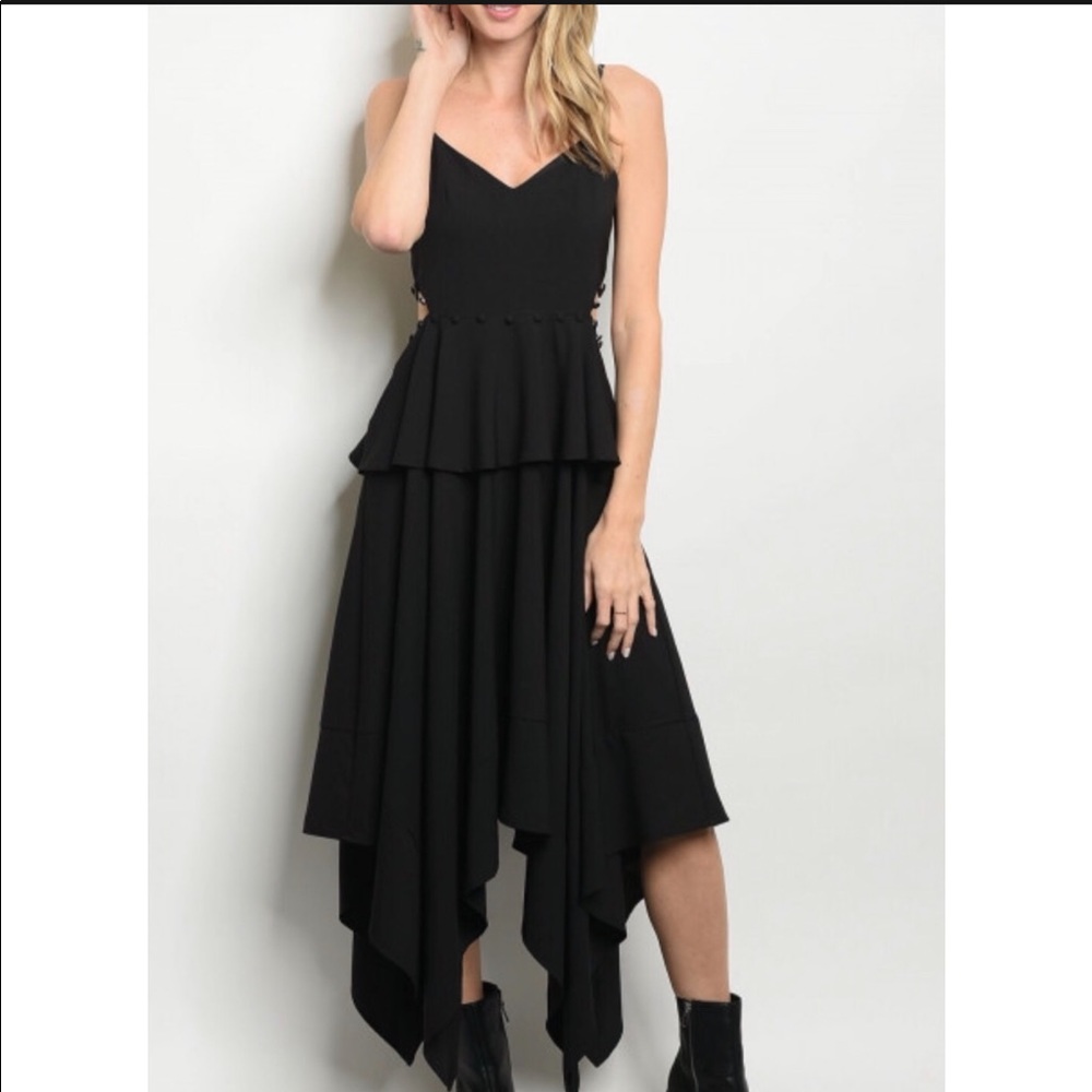 Strut & Bolt Black Asymmetric Dress With Spaghetti Straps And Side Cut Outs